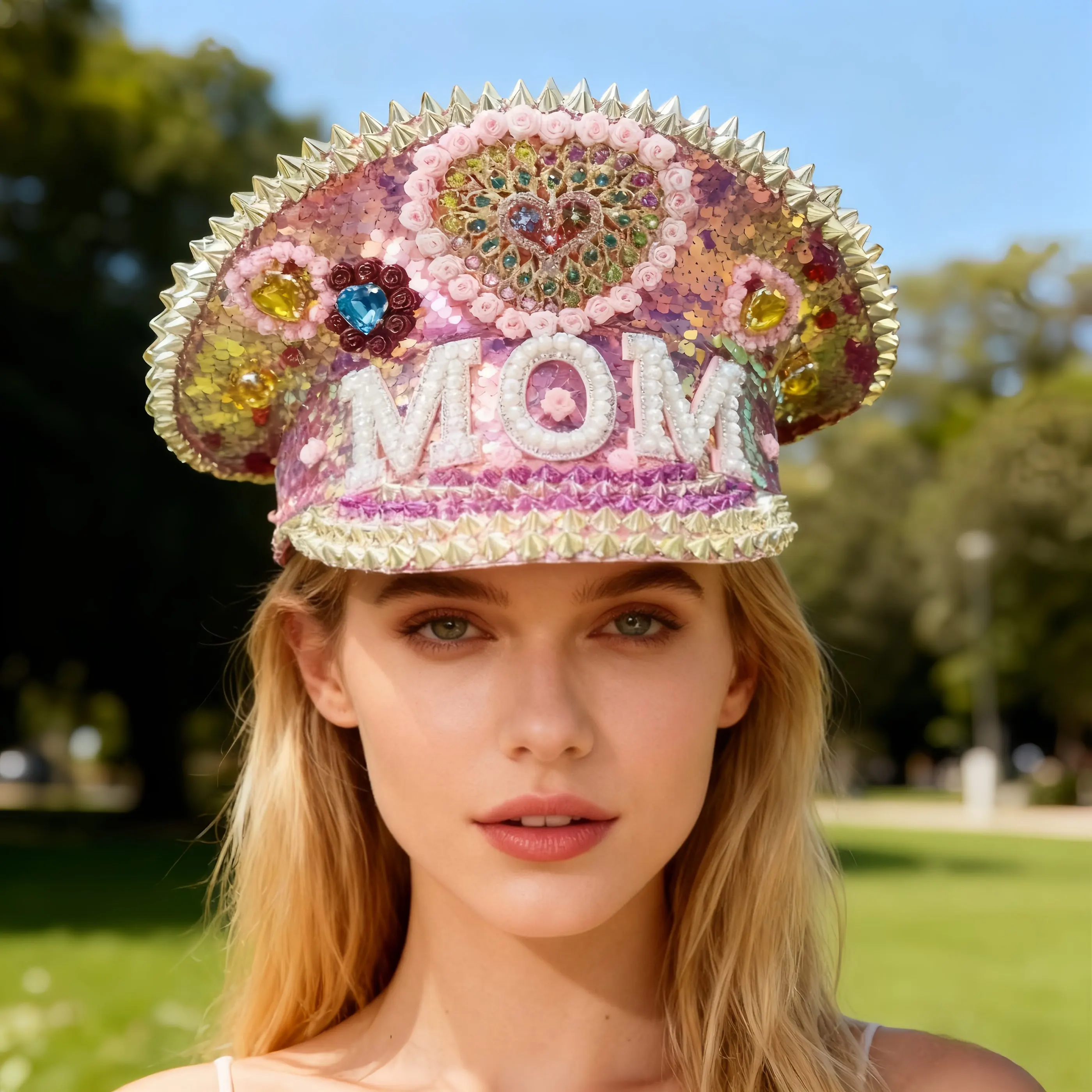 

HongLuan Pink MOM Steampunk Captain Hat Rhinestone for Burning Man Festival Woman, Military Accessories & Military Cap for Man