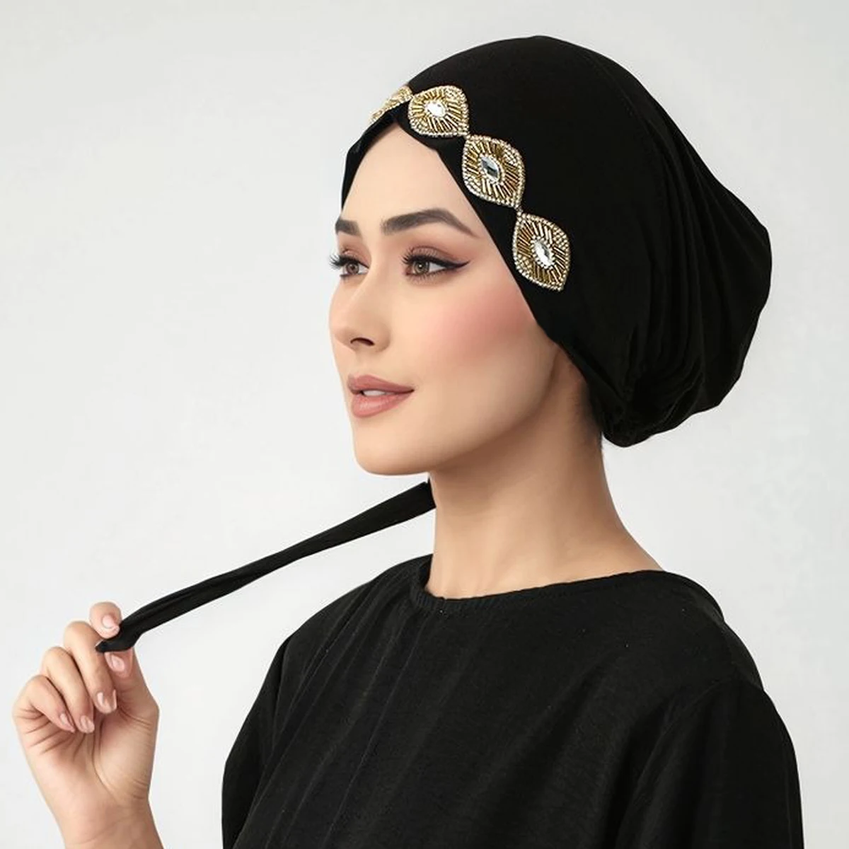 قابل للتعديل حجر الراين قبعات داخلية بلون قبعة مرنة مشروط الحجاب مسلم بونيه وشاح المرأة الإسلام رمضان الملحقات