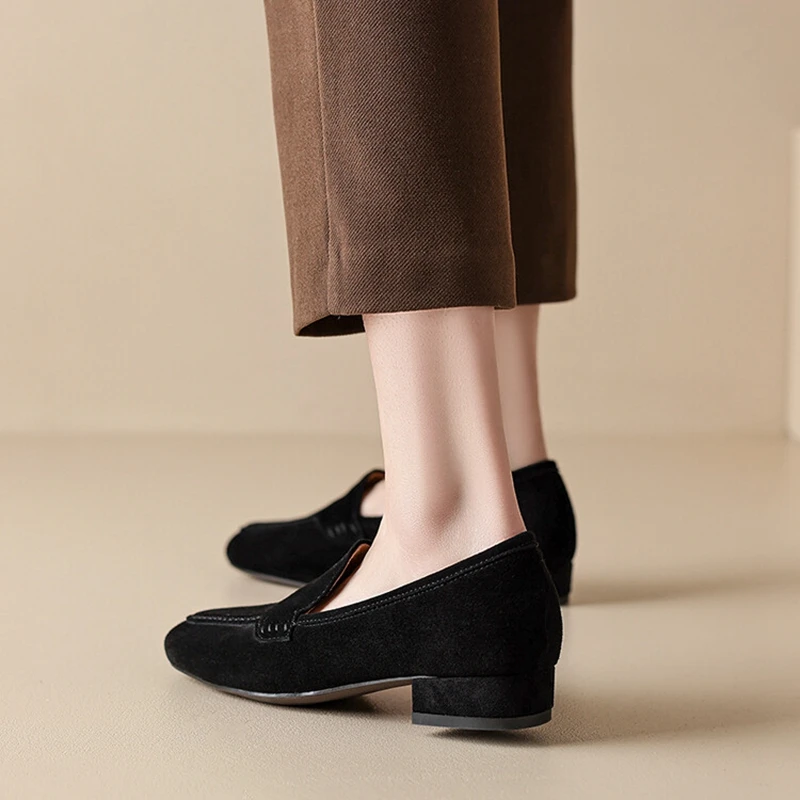 2023 Spring/Autumn Women Loafers Square Toe Chunky Heel Women Shoes Sheep Suede Leather Shoes Women Retro Classical Women Pumps