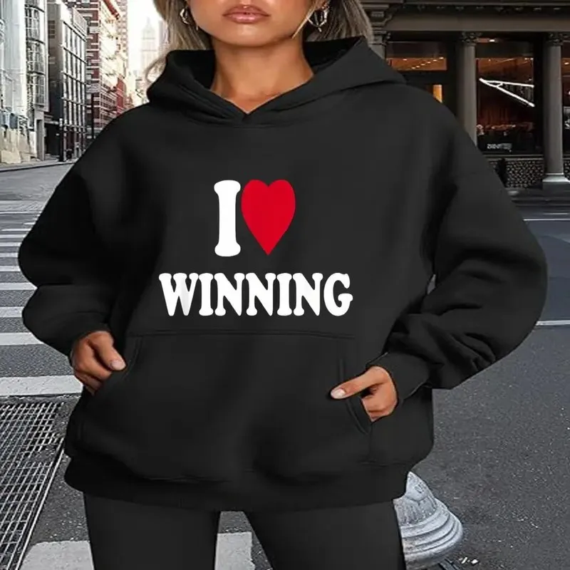 

Женская толстовка больших размеров I Love Winning, черная с рисунком красного сердца, регулируемый капюшон на шнурке, удобная тренировочная толстовка