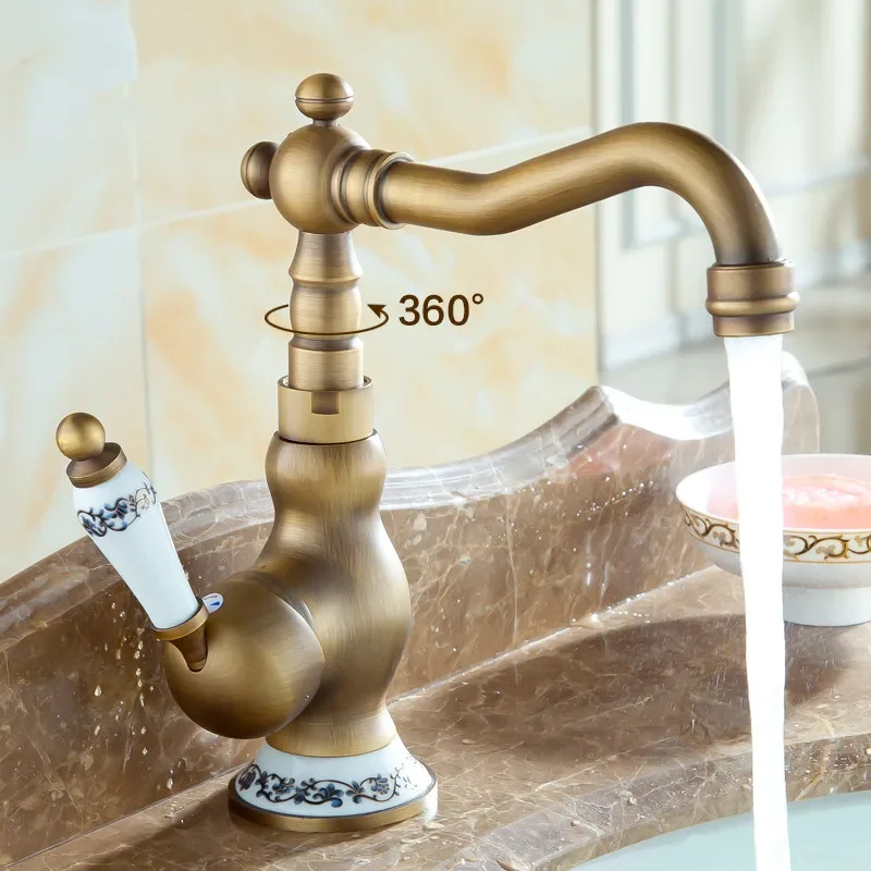 Bathroom Faucets Antique Bronze Faucet for Kitchen Cold and Hot Water Basin Mixer Tap with Ceramic Single Handle Sink Tap Crane