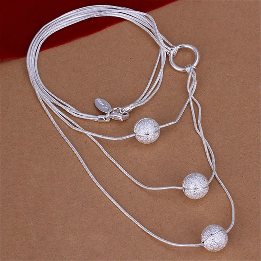 925 silver Necklace Popular fashion Elegant jewelry charm Triple chain Charms women cute beads Lady pretty 45cm