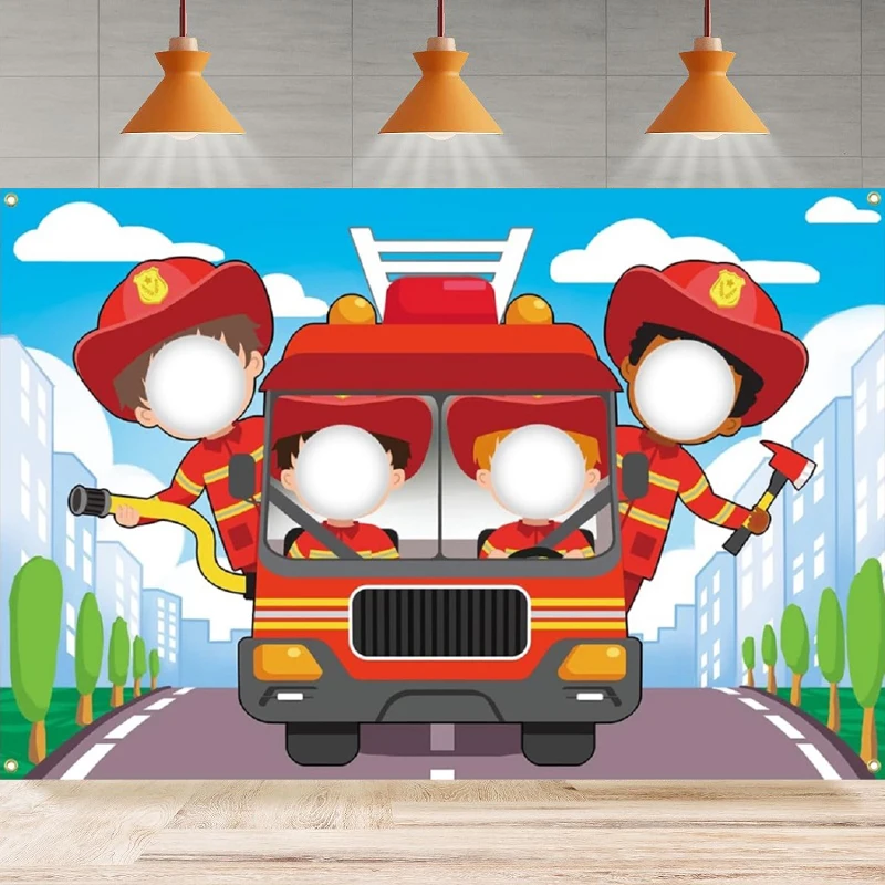 Fotografie Hintergrund Feuerwehr mann Gesicht Ausschnitt Foto Requisiten Feuerwehr mann Geburtstag Kinder Gesicht im Loch Selfie Party Hintergrund Wand Banner
