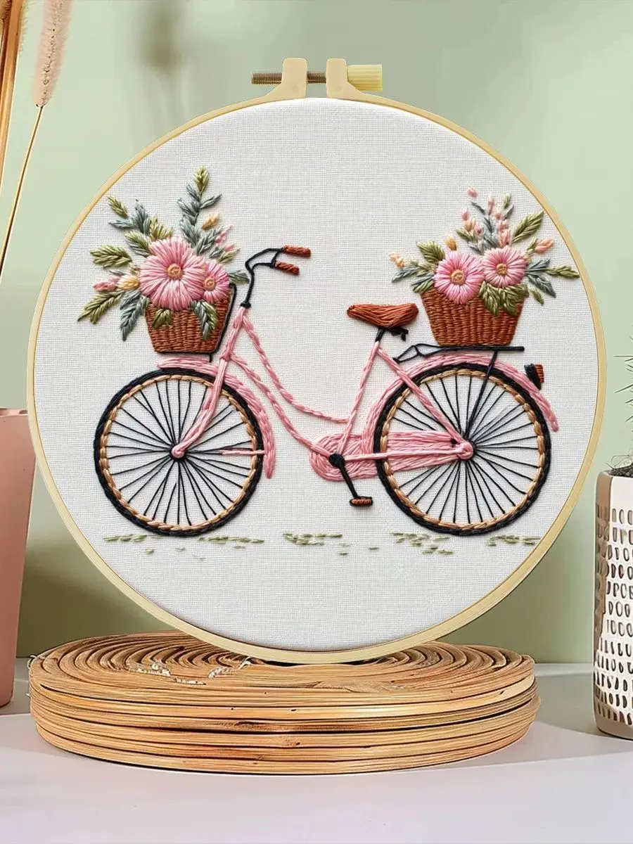 AliExpress NONE 1pc 20X20CM/7.87inch Flowers on the bicycle Embroidery Starter Kit DIY kit Sewing Art Home Decor Set for Beginner