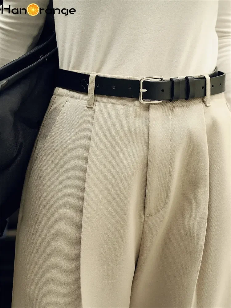 HanOrange 2026 Spring Simple High Waist Wide Leg Pants Women Loose Casual Trousers Female Black/Light Khaki