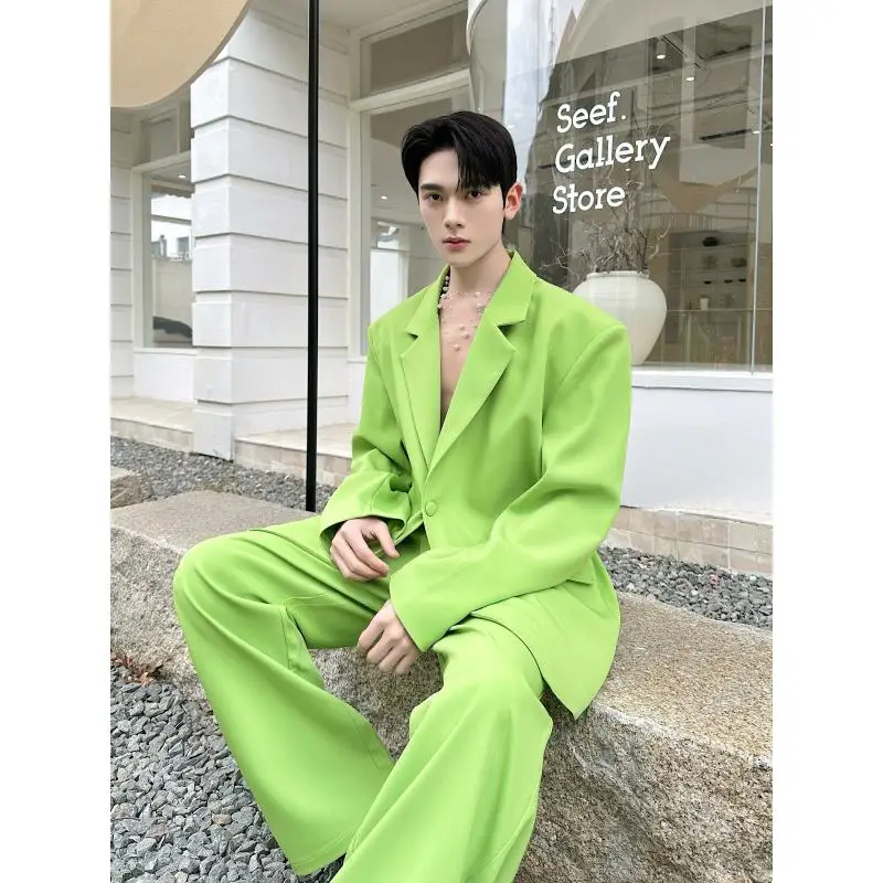 

Spring 2025 Men's Casual Green Suit One Button Shoulder Pad Fashionable Ensemble Youth Trend Loose Fit All Seasons Wear