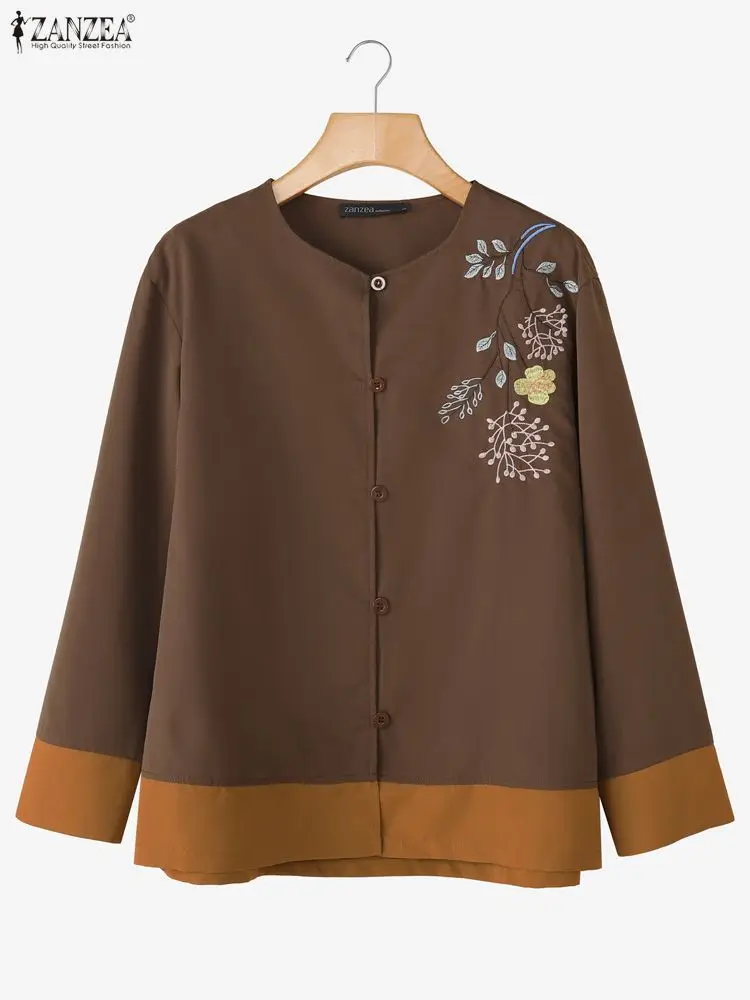 

Женские винтажные рубашки с цветочной вышивкой, повседневные топы на пуговицах с круглым вырезом и длинными рукавами, ZANZEA, осенняя женская одежда 3XL