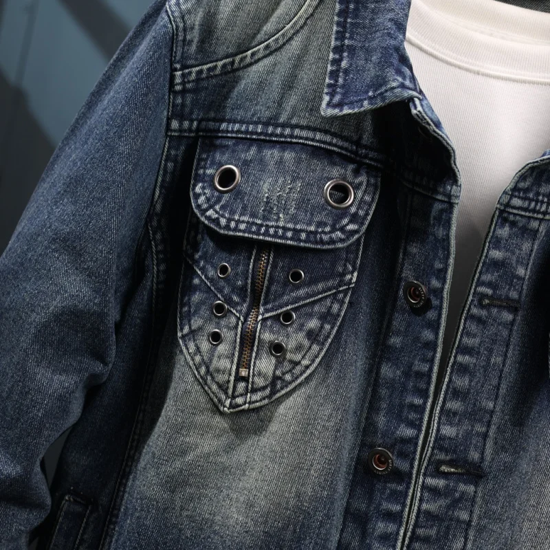 Veste en jean vintage de style américain pour hommes, délavée, conception de poche personnalisée, vêtements de moto de rue, nouveau, automne, 2024