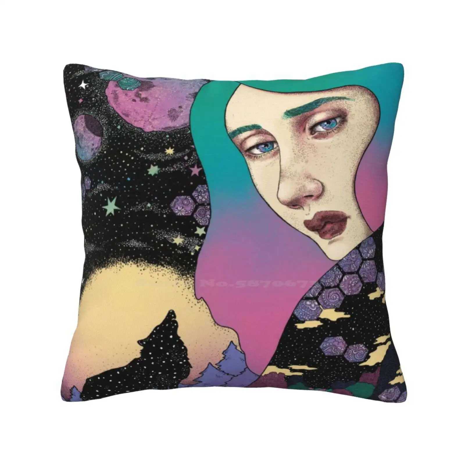 Boreal Wolf Funny Cute Decor Square Pillowcase Wassermoth Wolf Detail Fernanda Maya Colorful Galaxy Symbolism Planets