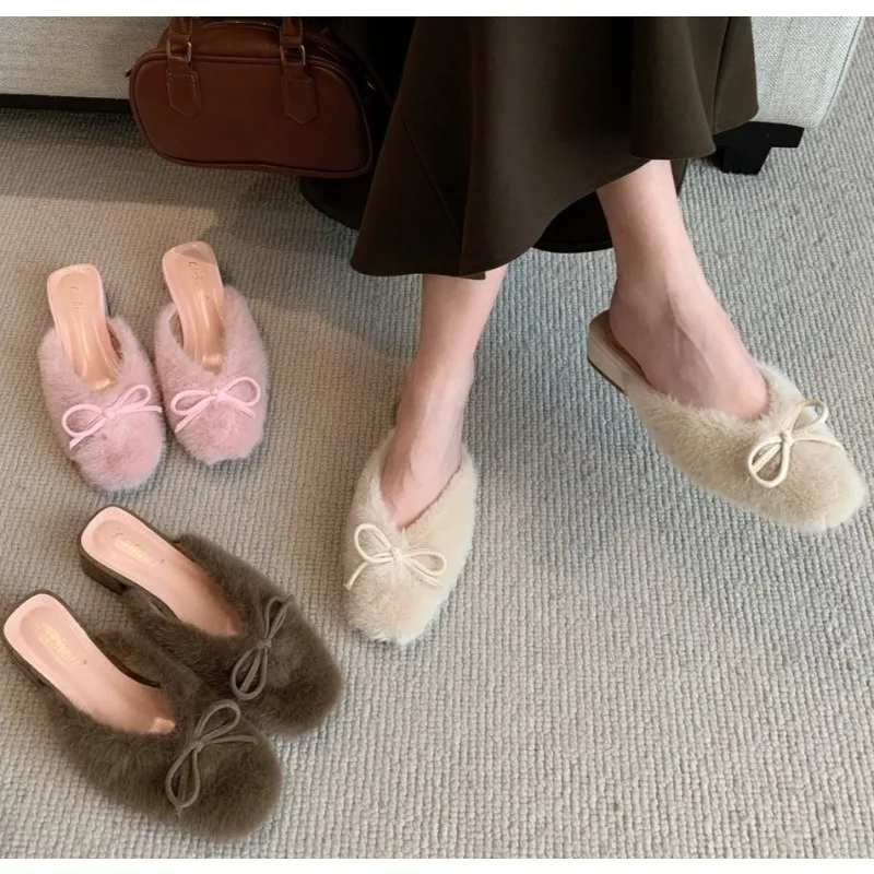 

New Autumn Winter Hairy Slippers Women's Bow Pink Low Heeled Hairy Shoes Dress Pumps Sexy Party Shoes Mujer Mueller Shoes