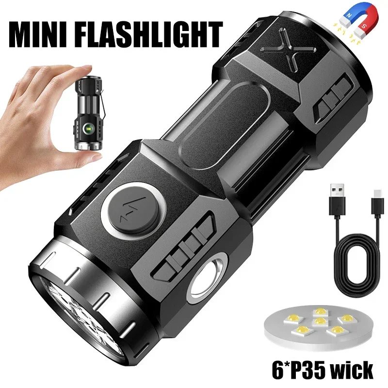 

Super Bright Mini 6LED Flashlight With Pen Clip And Tail Magnet Builtin Battery USB Charge Outdoor Portable Torch Emergency Lamp
