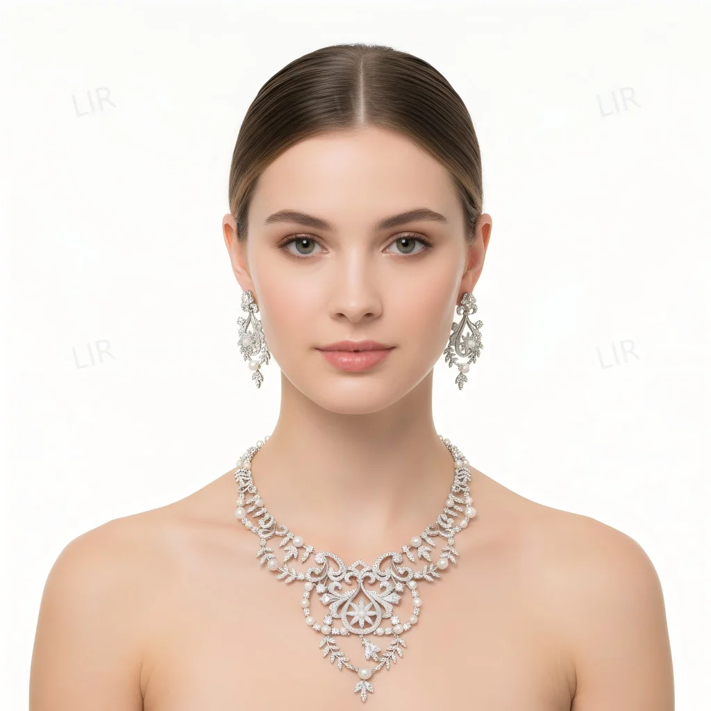مجموعة مجوهرات LIR المخصصة للنساء: قلادة جوهرة تاج المحكمة النمساوية، أقراط لؤلؤ الزركون منحوتة بشكل سباركلي على شكل أذن القمح