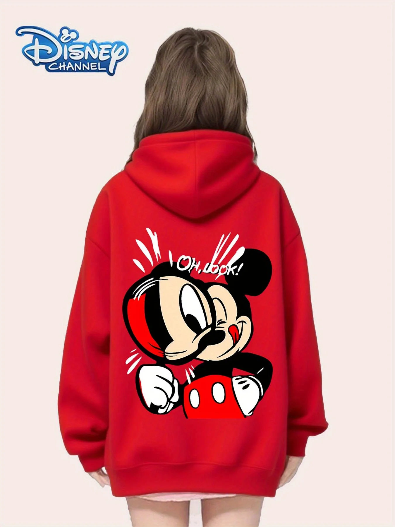 ディズニー ミッキーマウスのかわいいデザインの女性用パーカー、カンガルーポケットとドローストリング付き、一年中使えるフリース素材