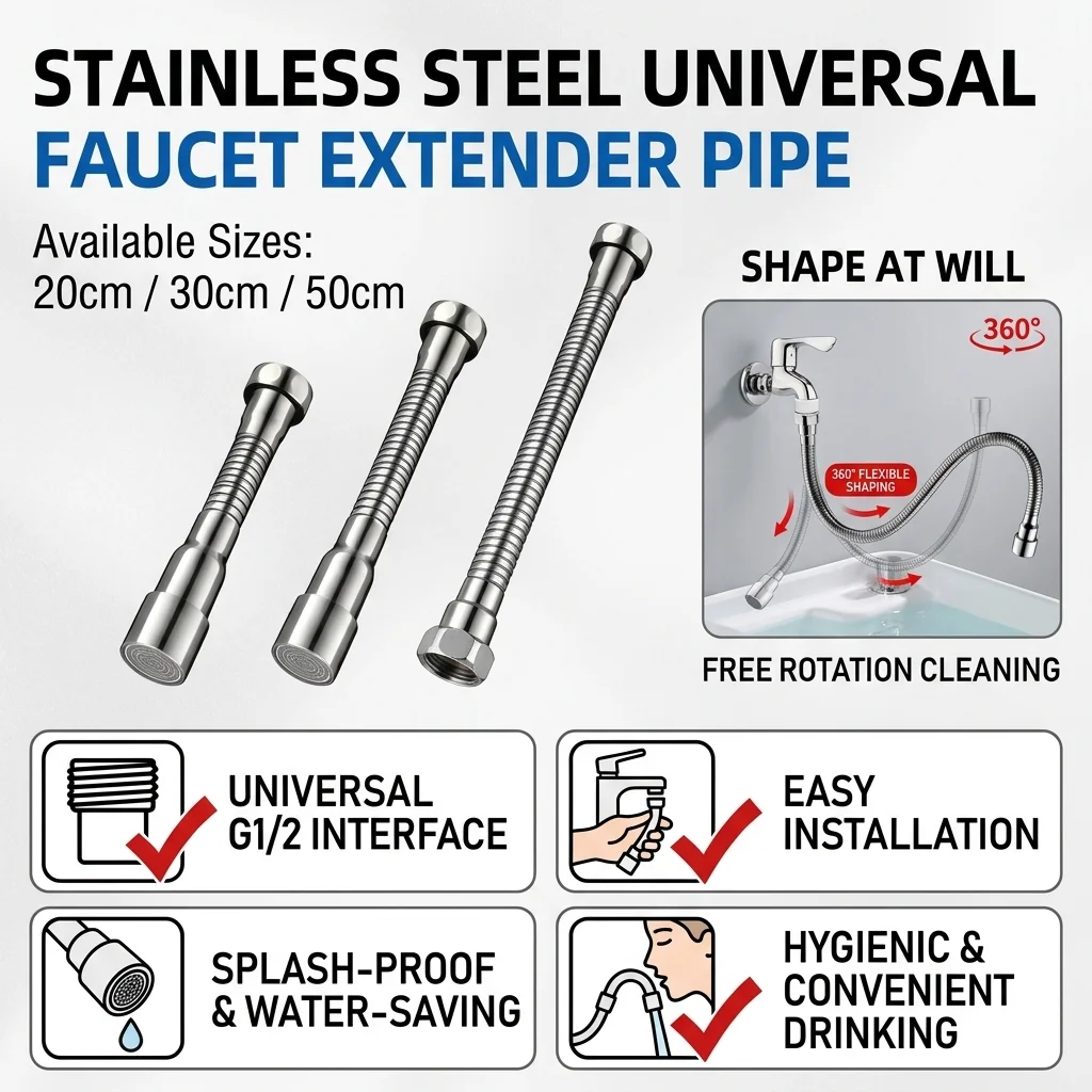 360° Flexible Stainless Steel Faucet Extender Anti-Splash Extension Pipe Universal G1/2 Connector for Kitchen Basin 20/30/50cm