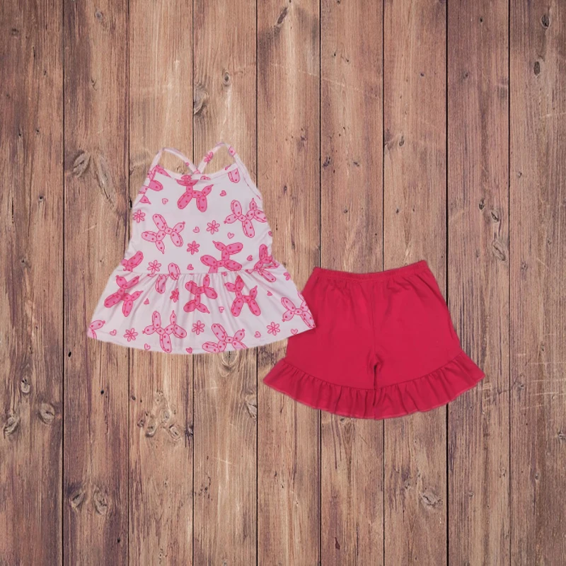 

4.10 GSSO2439 Balloon Dog Heart Sleeveless Pink Shorts Girl Set Balloon Dog Heart Design Casual Summer Outfit for Girls