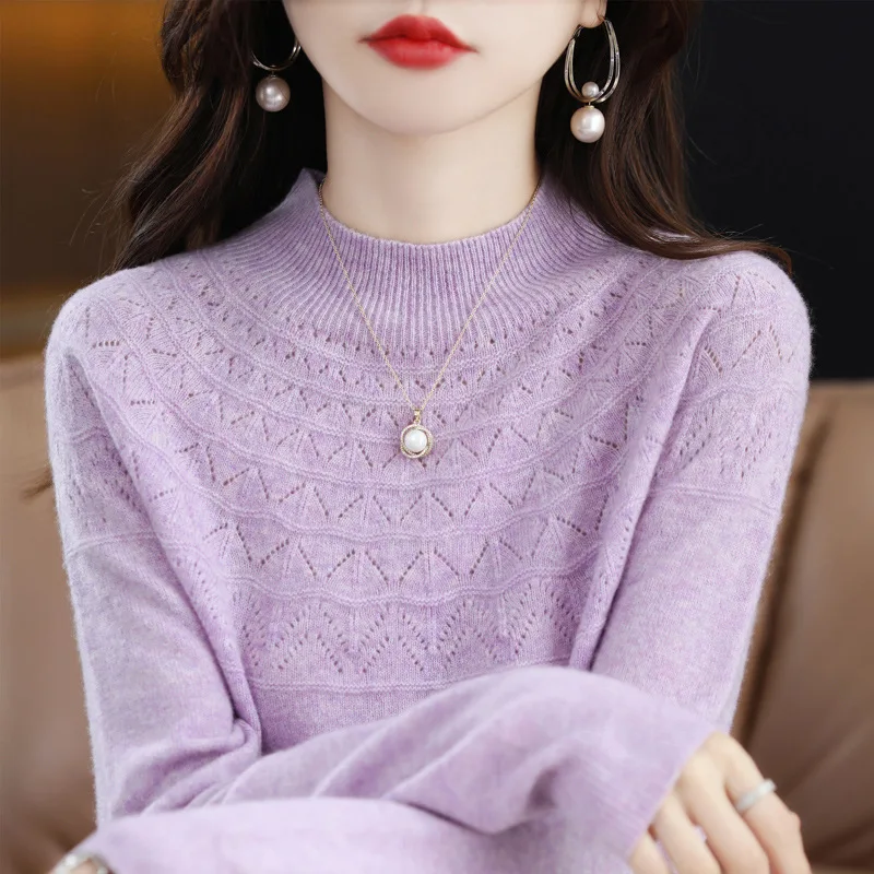 

Winter 2024 New Sweaters Women Keep Warm Half High Collar Pullovers Knitting Sweater Fashion Long Sleeve Loose Fit Tops T60