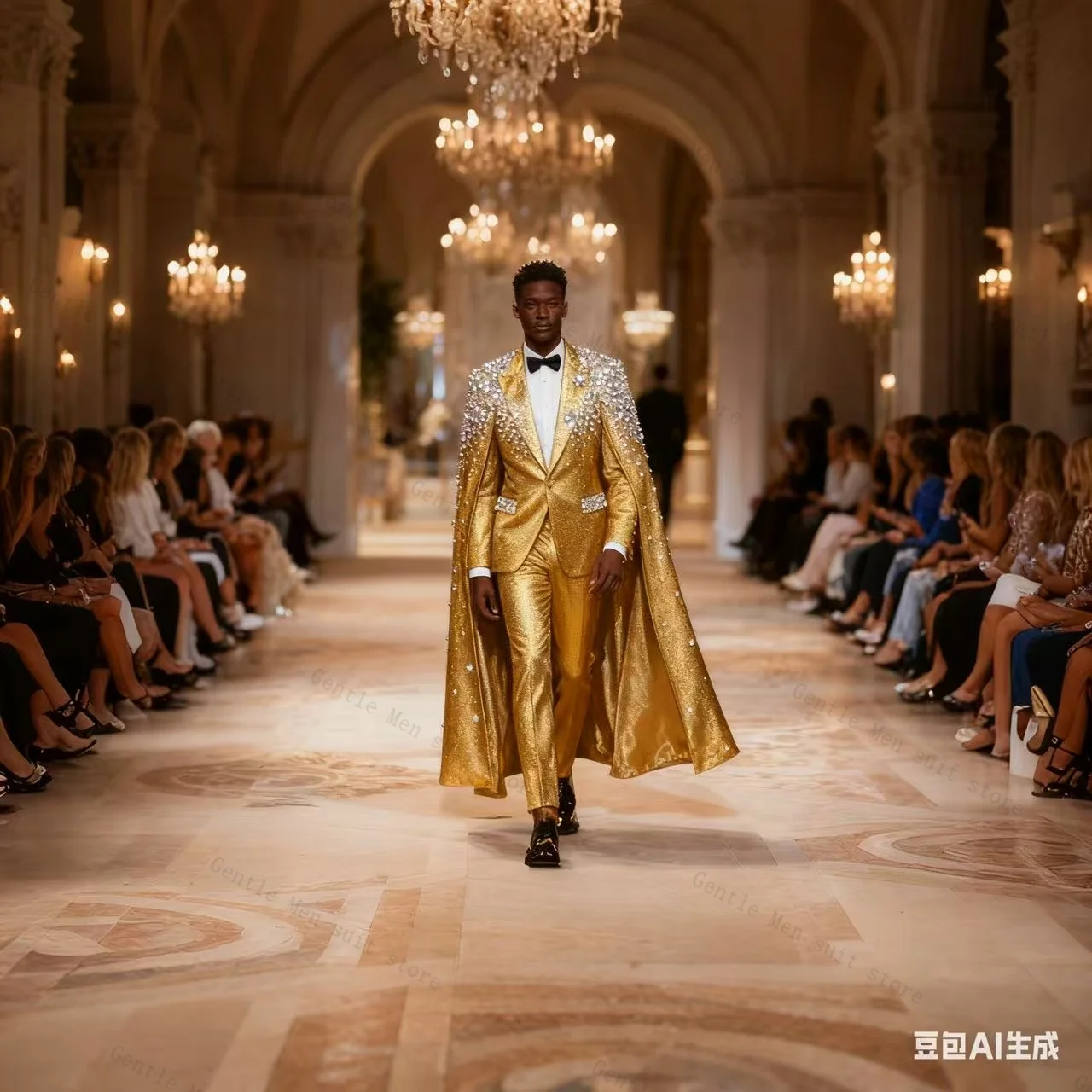 

Golden Long Wrap Men Suit Set 2 Piece Blazer+Pants Trousers Crystals Wedding Tuxedos Formal Office Jacket Prom Coat Customized