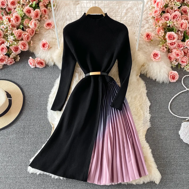 

Stand-up Collar Knitted Dress Women Autumn Winter Temperament Slim Fit Slim Mid-length Stitching Gradient Pleated Sweater Dresse