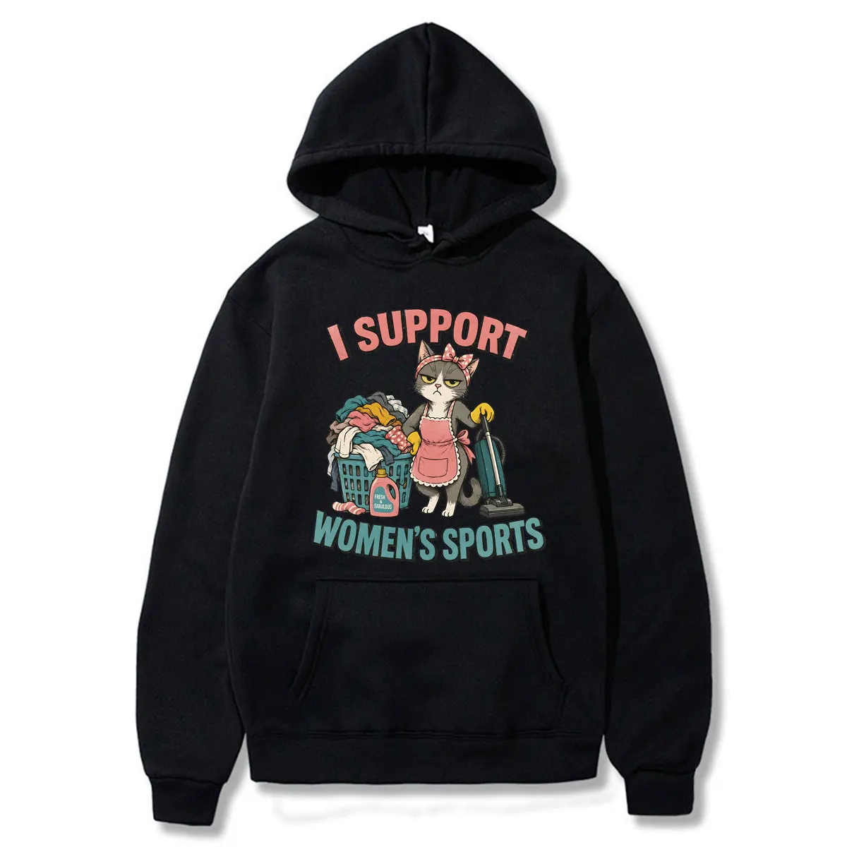 I Support Women’s Sports Funny Cat Cleaning Meme Hoodies Winter Men's Women Clothing Casual Tops Fashion Long Sleeve Streetwears
