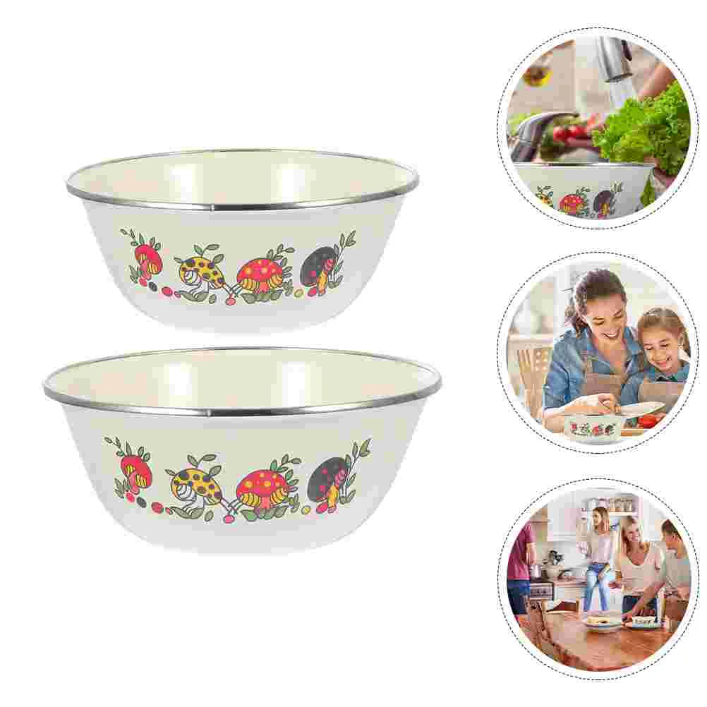 

2 Pcs Bowl Enameled Steel Vintage Mixing Bowls with Lids Rice Household Storage Tureen Pot Metal