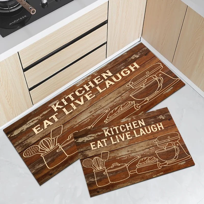Kitchen Living Baking Mats - فيكاما طقم سجادة مطبخ خشبية داكنة