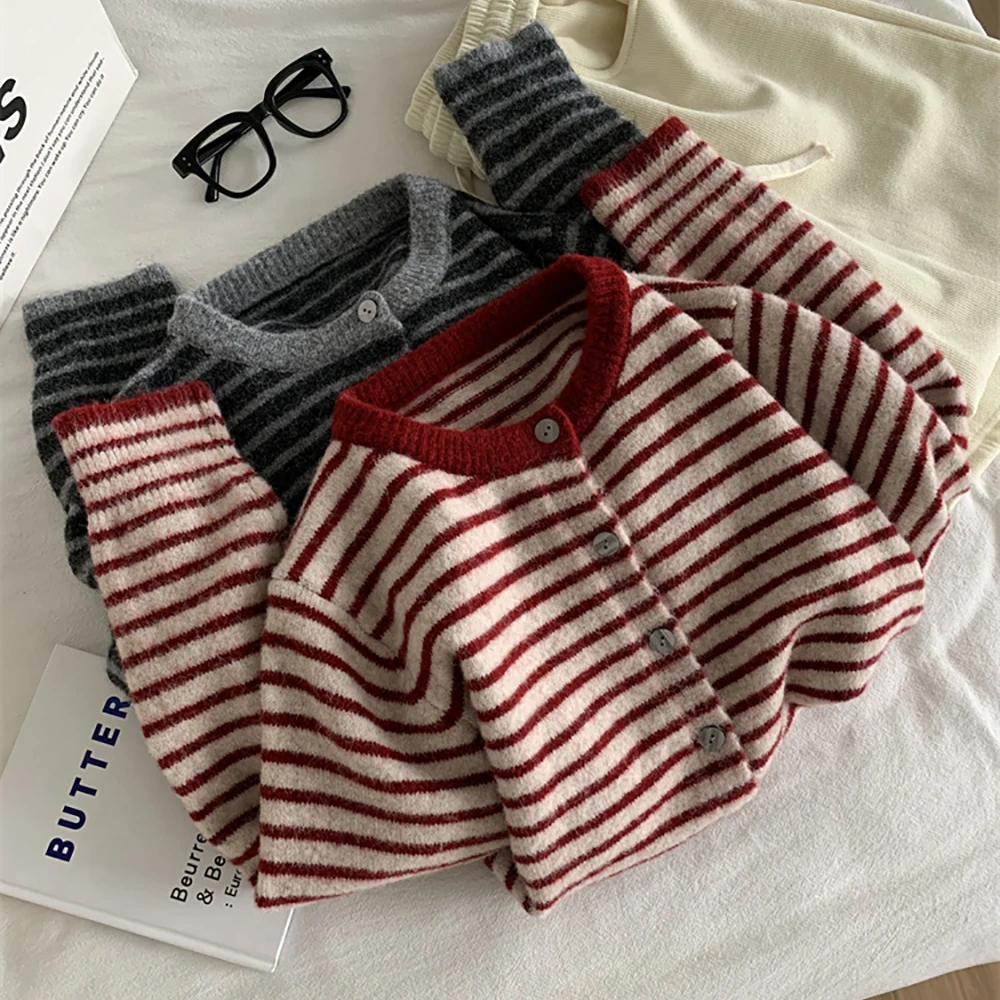 Casual Gestreifte Gestrickte Strickjacken Frauen Herbst Winter Kontrast Farbe Oansatz Einreiher Pullover Mäntel Weiche Alle-Spiel Pullover