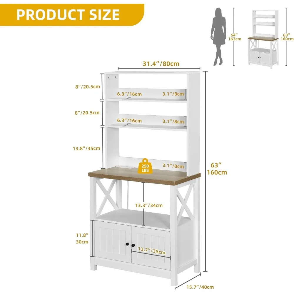 White Baker Rack with Power Outlet and Storage, Farmhouse Microwave Stand with Door for Kitchen, 5-Tiers Tall Coffee Bar Statio