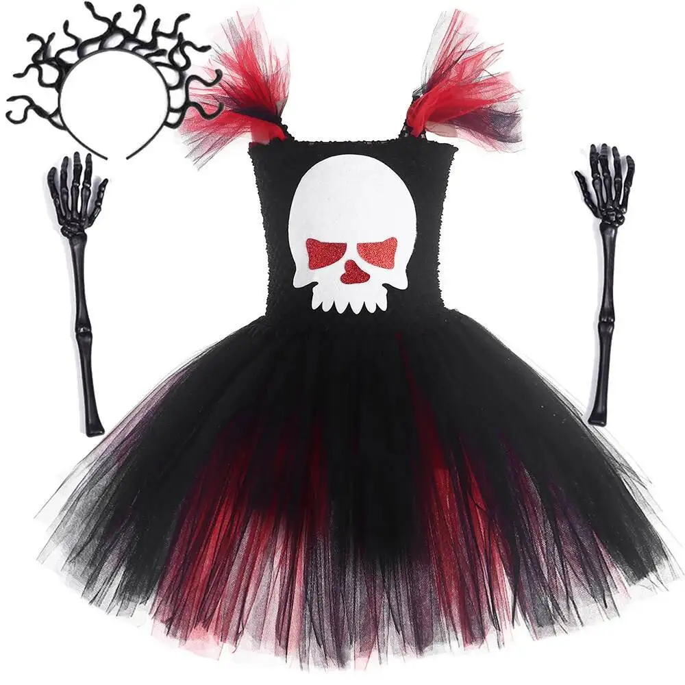 

Red Black Skull Halloween Costumes for Girls Carnival Party Fancy Dress for Scary Tutu Outfit Horror Ghost Clothes 1-14T Years