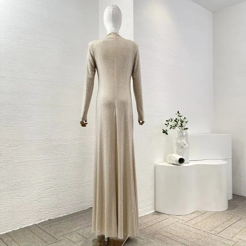 Robe de soirée dorée à manches longues, diamants PMurcia découpés, robes de RhMaxi, haute qualité, nouveau, 2024