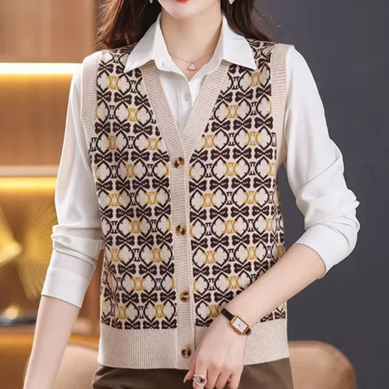 

Autumn Winter Women Sweater Vest Coat Temperament Fashion V-Neck Button Printing Vintage Knitted Loose Cardigan Sleeveless Tops