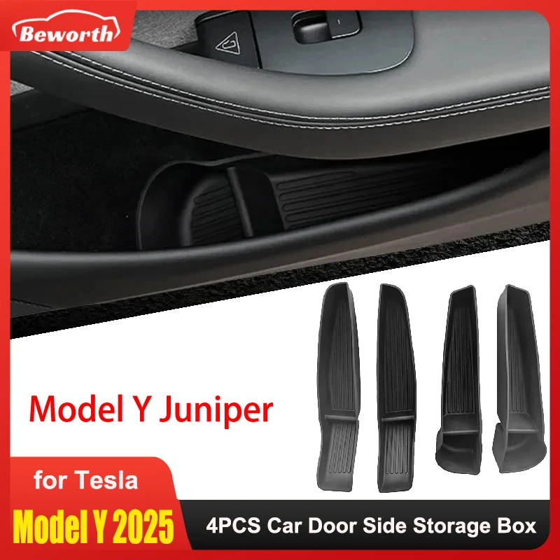 4Pcs For Tesla New Model Y Juniper 2025 Door Side Storage Box TPE Front Rear TPE Organizer Tray MY Launch Interior Accessories