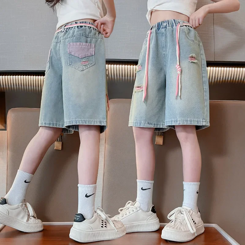 Teen Girls Knee-Length Denim Shorts Kids Elastic Waist Summer Ripped Shorts Pants For Teenager Casual Outfit Age 5 To 14 Years