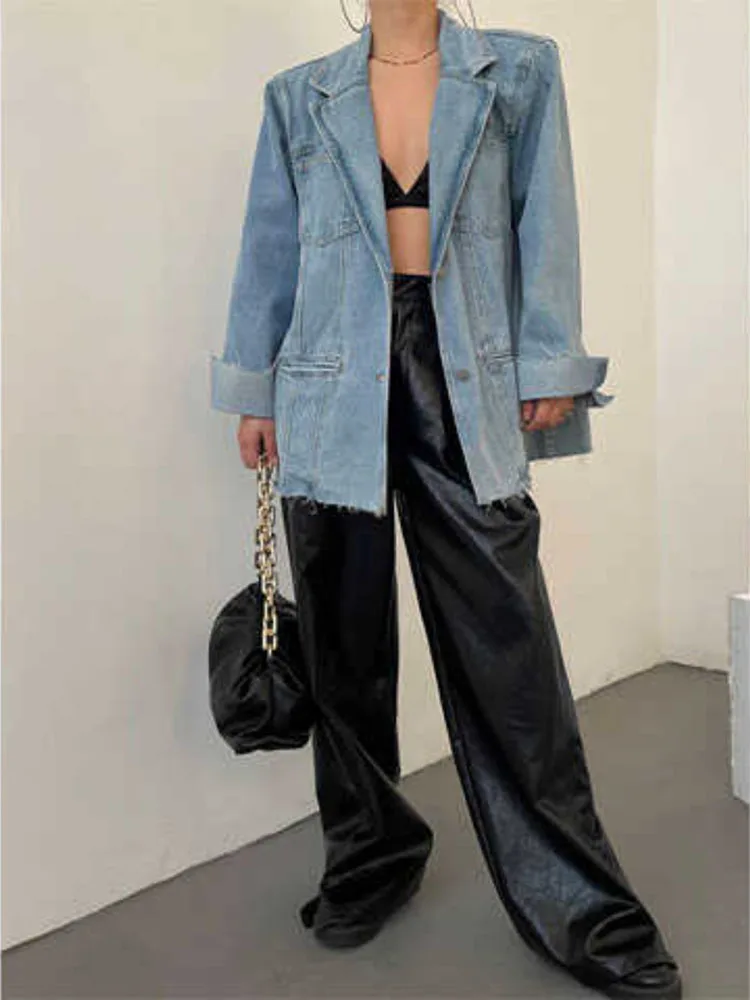 Anzug-Stil, Fransen, Retro-Jeans, gewaschen, blau, Distressed-Denim, lockere Jacke, mittellange Jacke im amerikanischen Stil, trendiges Damen-Top