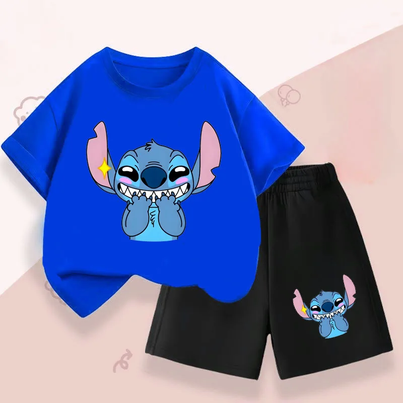 Summer Children's Casual Outfits Stitch Printed Boys Short Sleeved Top Sets Kids T Shirt Shorts Two Piece Suit Disney 2025 image 3
