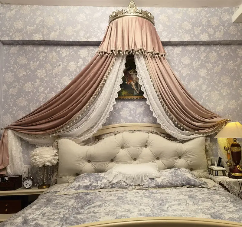 Light luxury French princess bed mantle bed curtain bedroom home decoration yarn lace blackout flannel Nordic high-grade rack