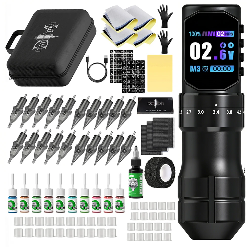 Professional Tattoo Machine Kit Wireless Adjustable Stroke Tattoo Pen Coreless Brushless Motor With Tattoo Ink Tattoo Needle