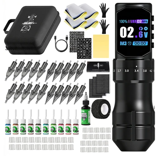 Kit de máquina de tatuaje profesional, pluma de tatuaje de carrera ajustable inalámbrica, Motor sin escobillas con tinta de tatuaje, aguja de tatuaje