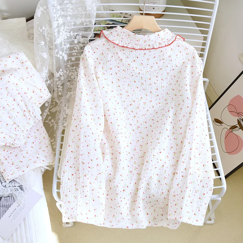 Floral Print Cotton Crepe Sleepwear Set with Lace Collar Homewear
