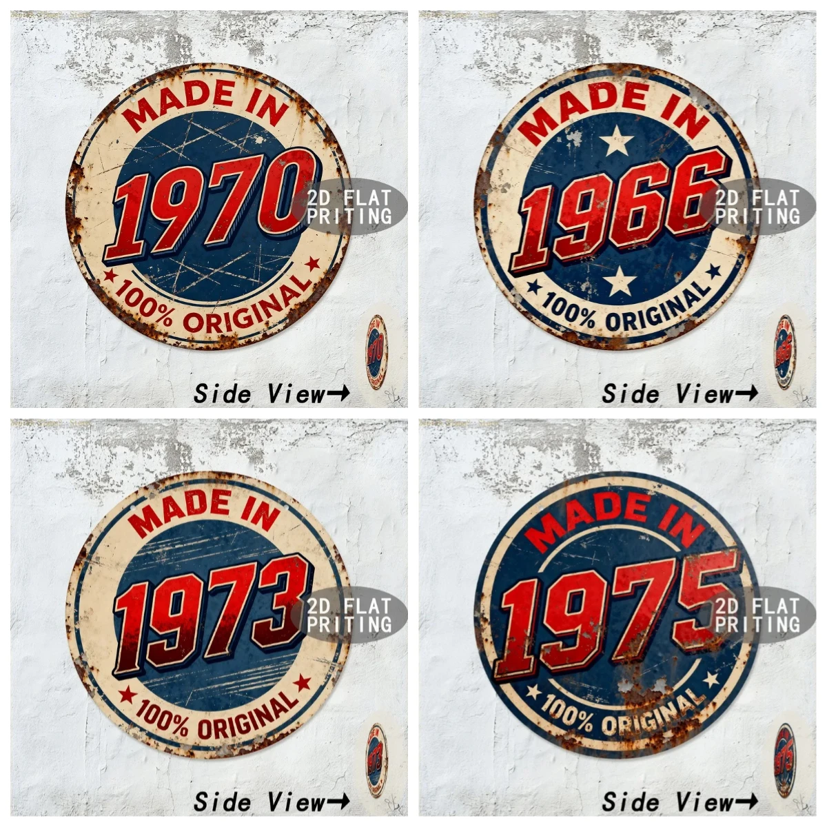 Wooden Vintage Round 2D Print Sign, Made in 1970 1973 1975 1966 100% Origi
