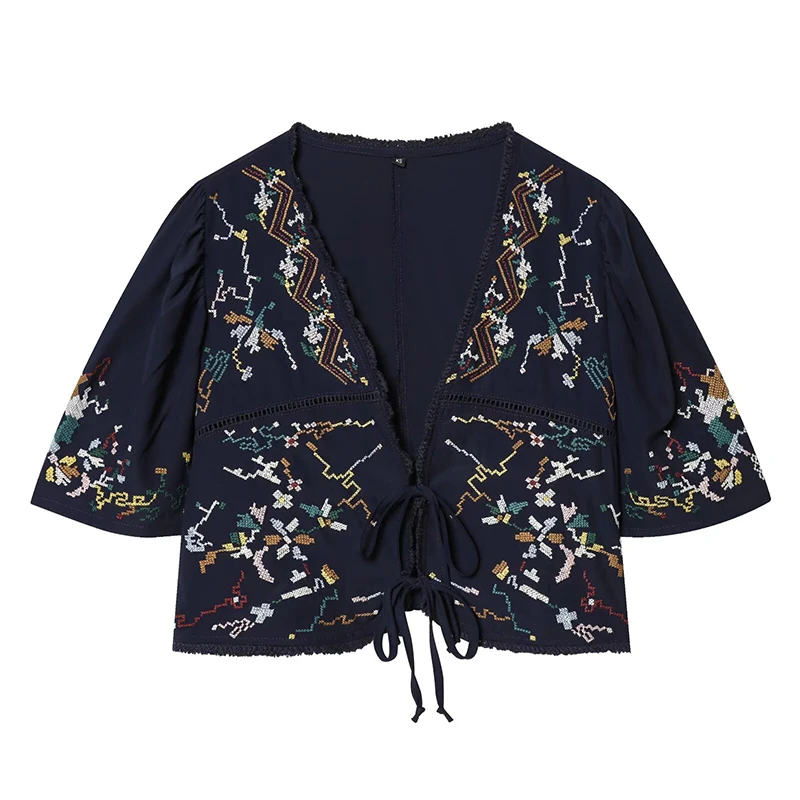 

YENKYE Ethnic Style Women's Embroidered Cropped Top Tie Front V-neck Half Sleeve Vintage Shirt