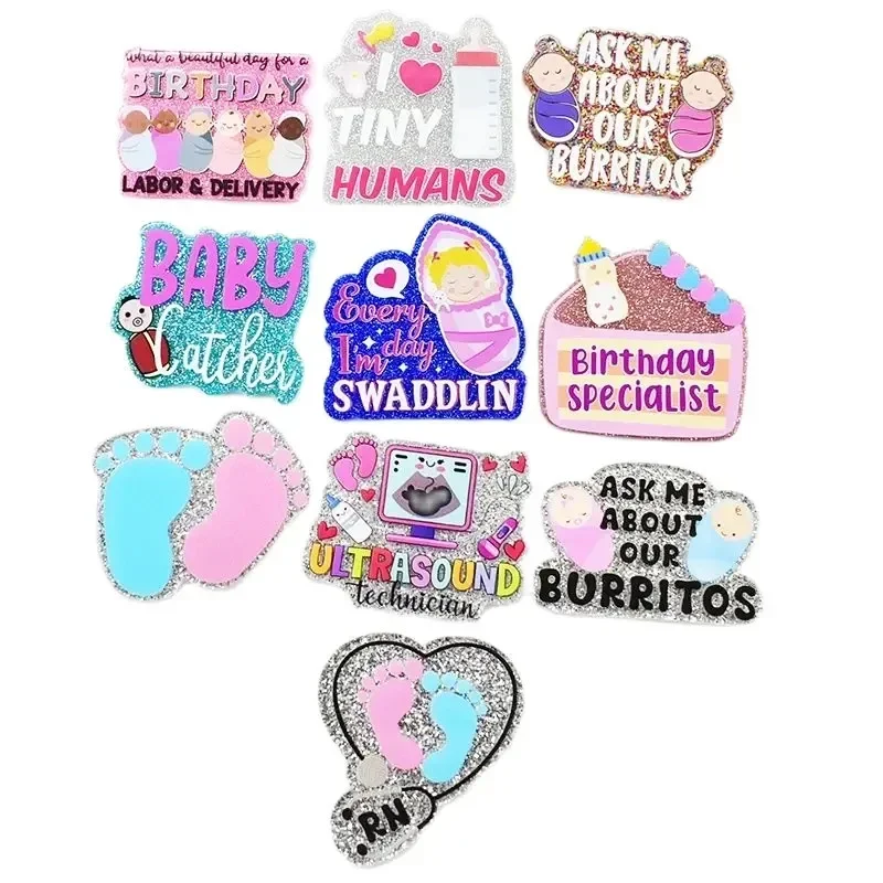 10PCS Little Baby Catches Burritos Feet RN Glitter Acrylic Charms Fit DIY ID Card Badge Holder Jewelry Making Nurse Gift