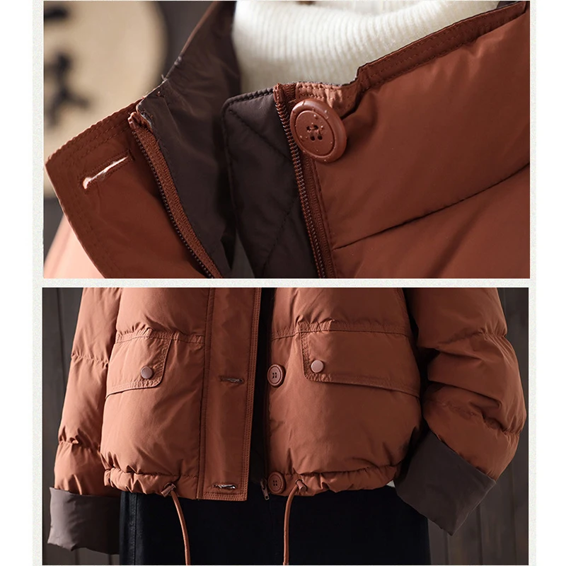 Schinteon 女性ホワイトダックダウンジャケットカジュアルルーズ秋冬生き抜くスタンドカラー韓国スタイルカラーブロックコート 2025 新しい