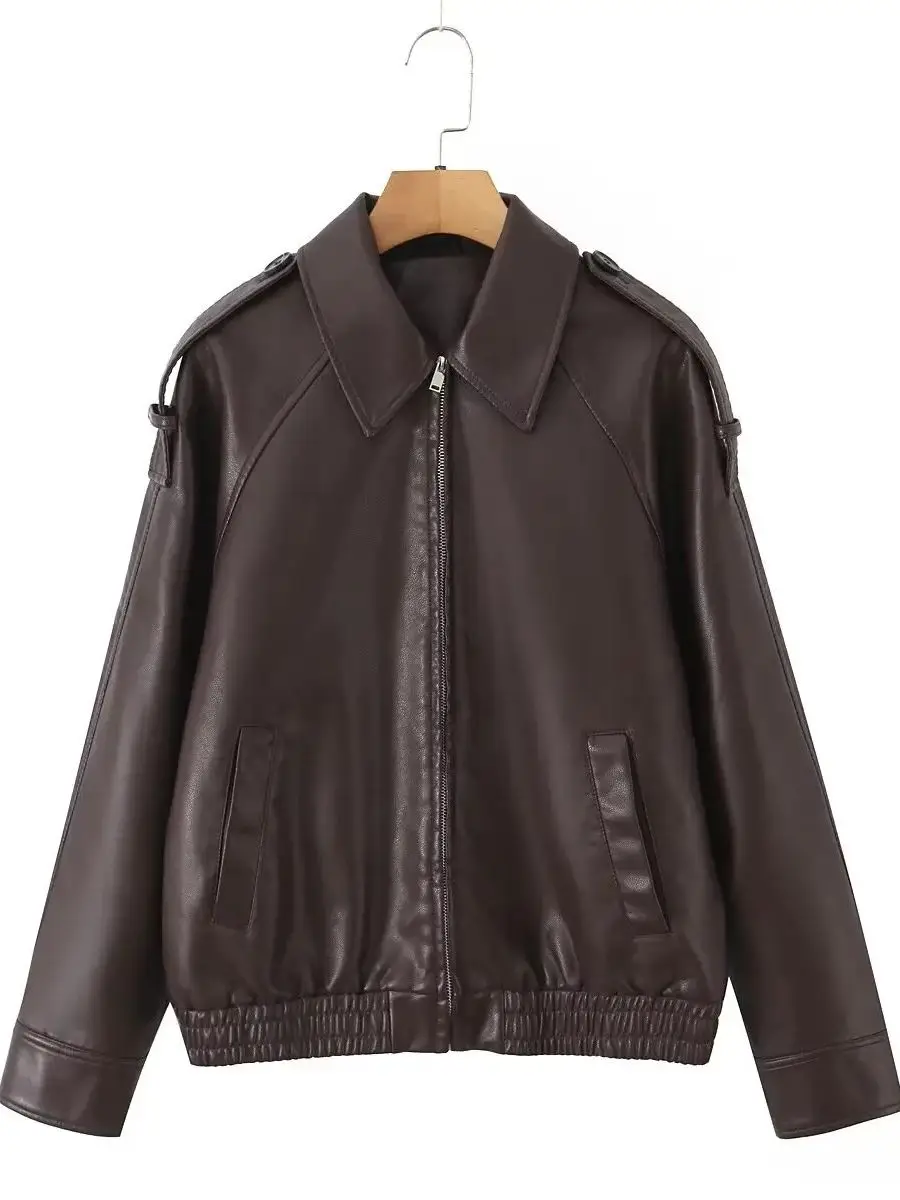 2025 New Women's Retro Loose Black Brown PU Faux Leather Jackets Lady Casual Zipper Pockets Moto Biker Oversized Coats Outwear