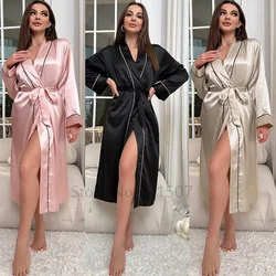 Robe Women Satin Nightgown Print Sleepwear Luxury Slip Nightdress Summer Homewear Ice Silk Bathrobe Kimono Femme Lingerie