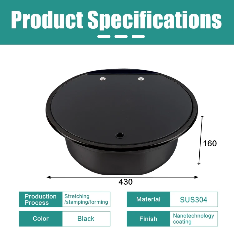RV Sink with Lid Round Black SUS304 Hand Wash Basin with Sealed Lid for Camper Van Motorhome Marine Boat RV Wash Basin