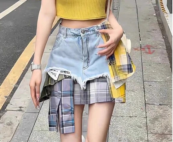 Temperament Contrasting Color Plaid Versatile Denim Skirt Girl Spring Summer Irregular Splicing High Waist Age-reducing Skirts