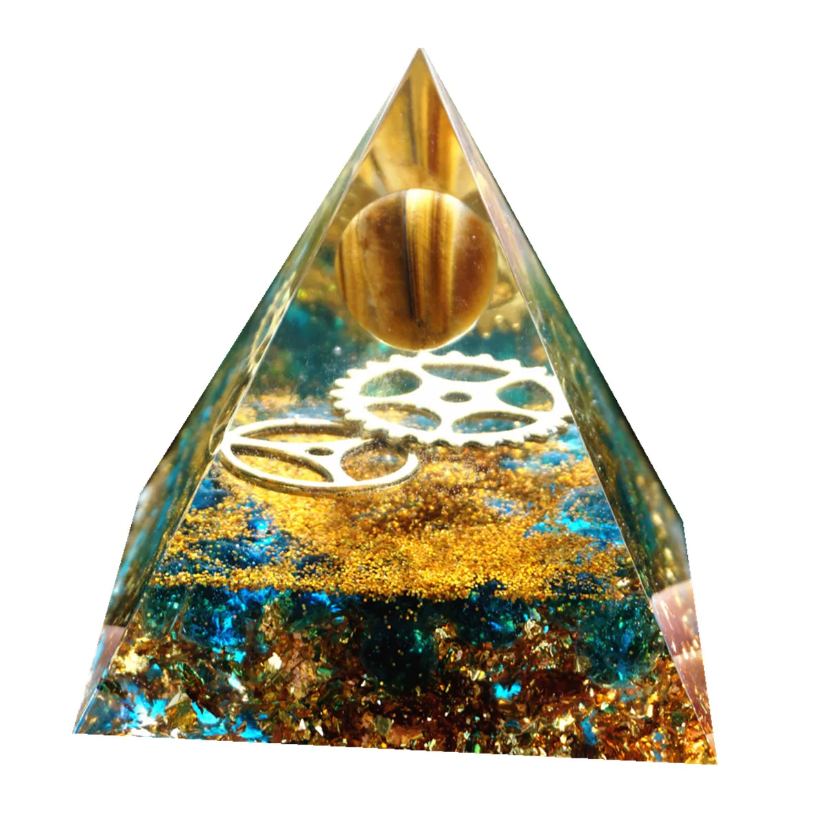 Tiger Eye Sphere Orgonite Pyramid with Blue Quartz Gear Wheel EMF Protection Orgone Pyramid Crystal Healing Reiki Energy