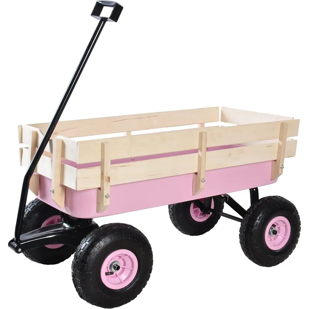 Pink All-Terrain Steel & Wood Utility Wagon with 10” Tires, 176 lb Capacity, Foldable Handle, Removable Sides