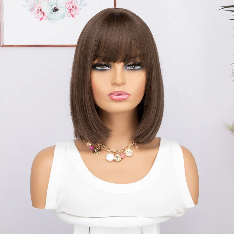 

Women's with , bobo short straight hair, light brown, bangs, bob style, fashionable wig set
