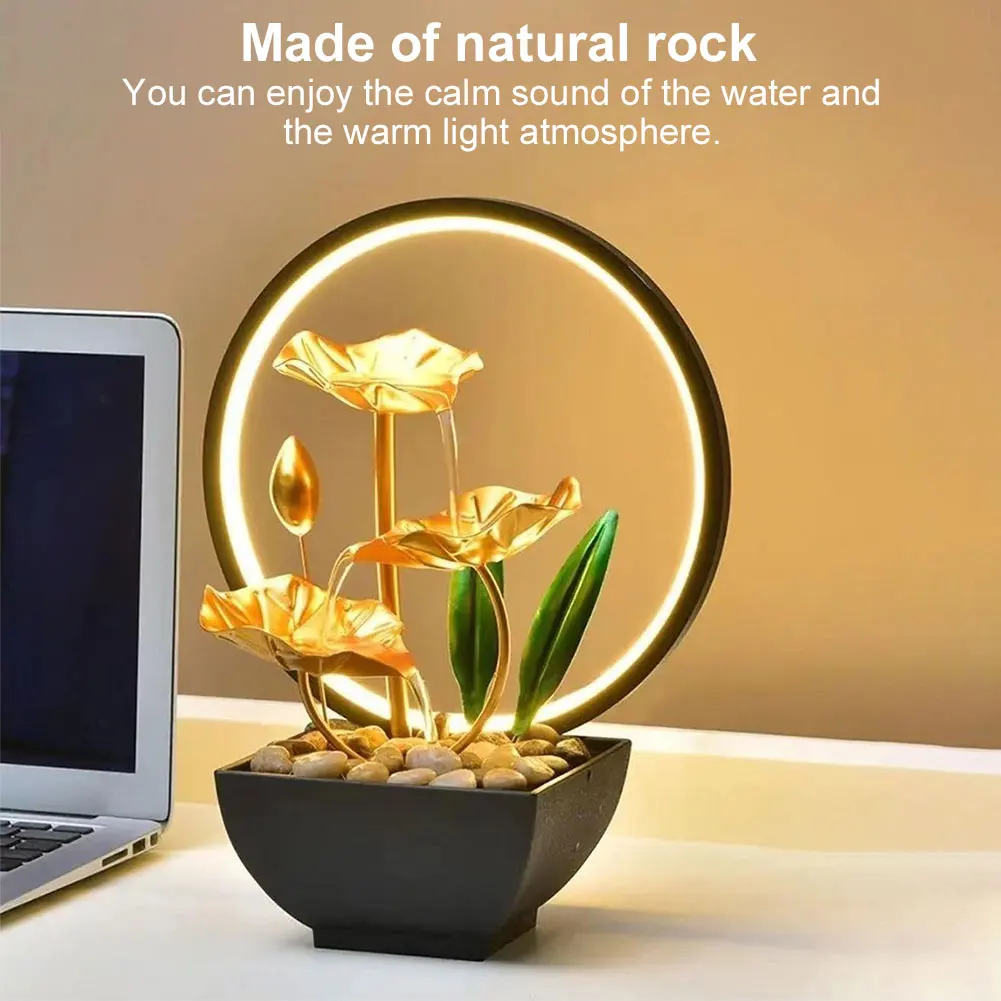 3-Tier Desktop Waterfall Decor with Natural Rocks & LED Ring Light Water Circulating Fountain Metal for Office Living Room Decor